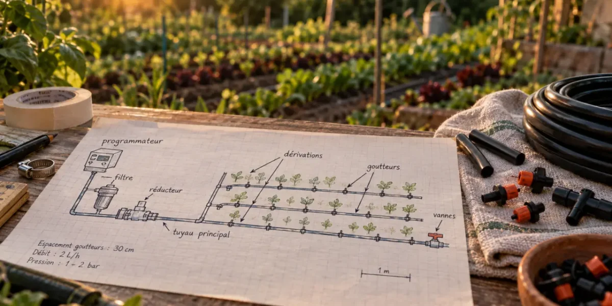Schéma arrosage automatique goutte goutte : calcul débit et tracé lignes