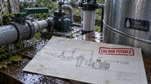 Schéma récupération eau de pluie pour WC : circuit filtré et sécurisé, eau non potable