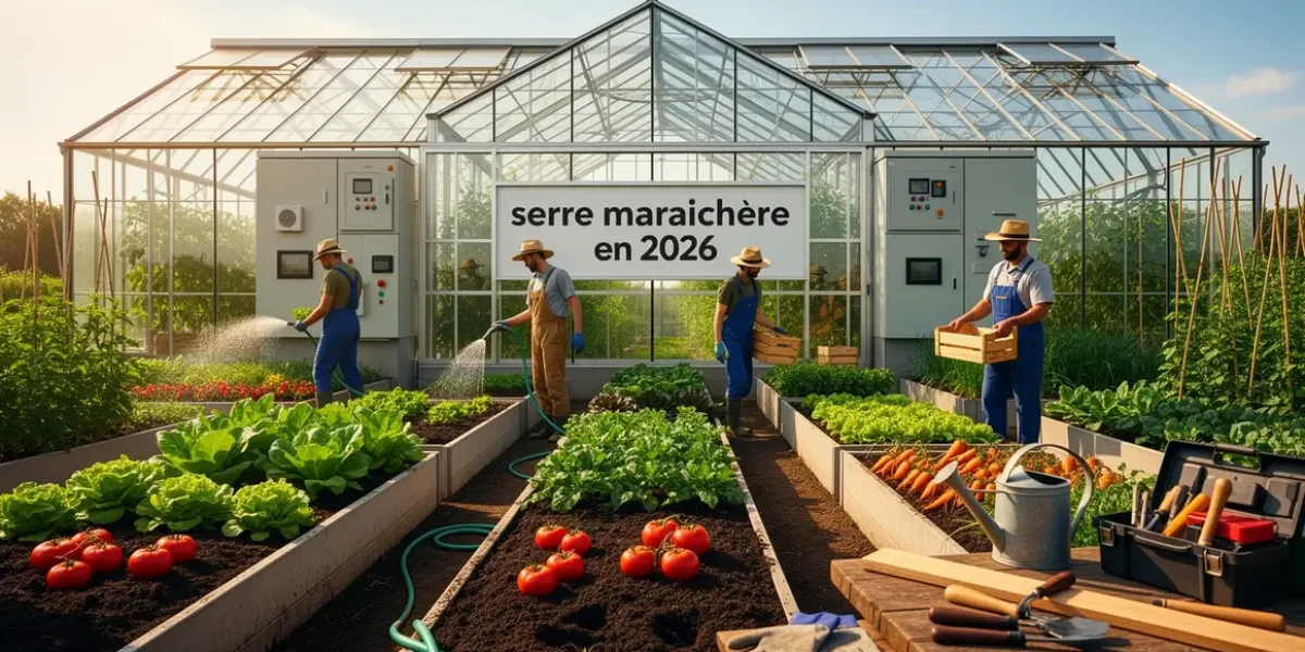 serre maraichere moderne 2026 vue centre bacs legumes panneaux equipements