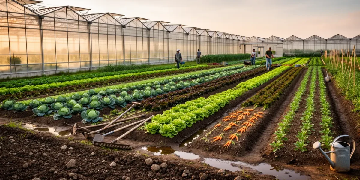 serre maraichere vista paysagere tunnel transparente legumes outils
