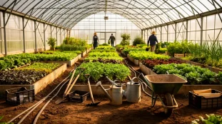serre maraichere moderne avec plantations outils