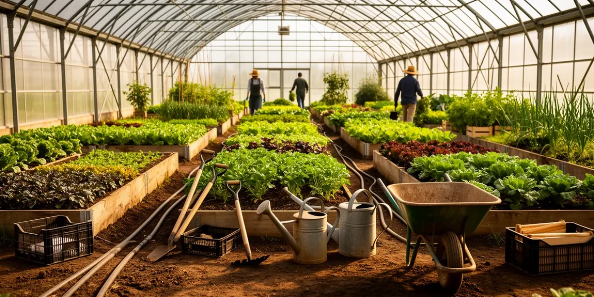 serre maraichere moderne avec plantations outils