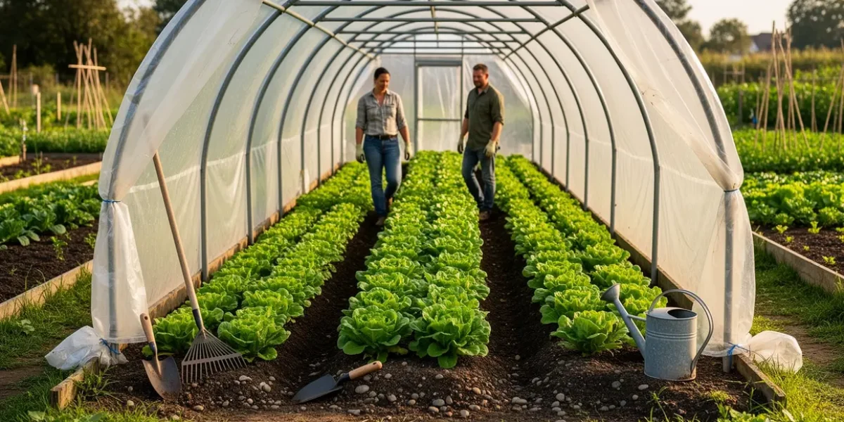 Vue serre maraichere moderne arceaux plastique et legumes alignes