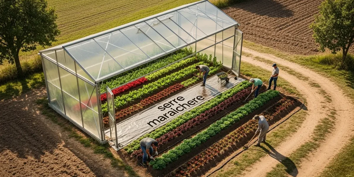 Serre maraîchère moderne économique vue sur cultures et irrigation goutte à goutte
