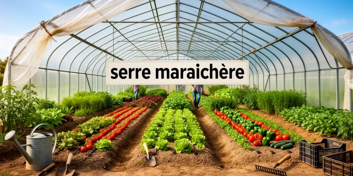 Serre maraîchère moderne avec structure métal plastique et cultures légumes