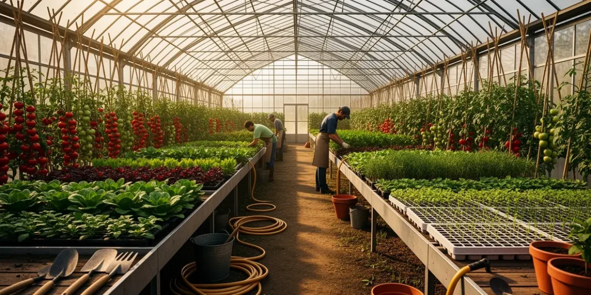 Grande serre maraichere moderne avec legumes et jardiniers