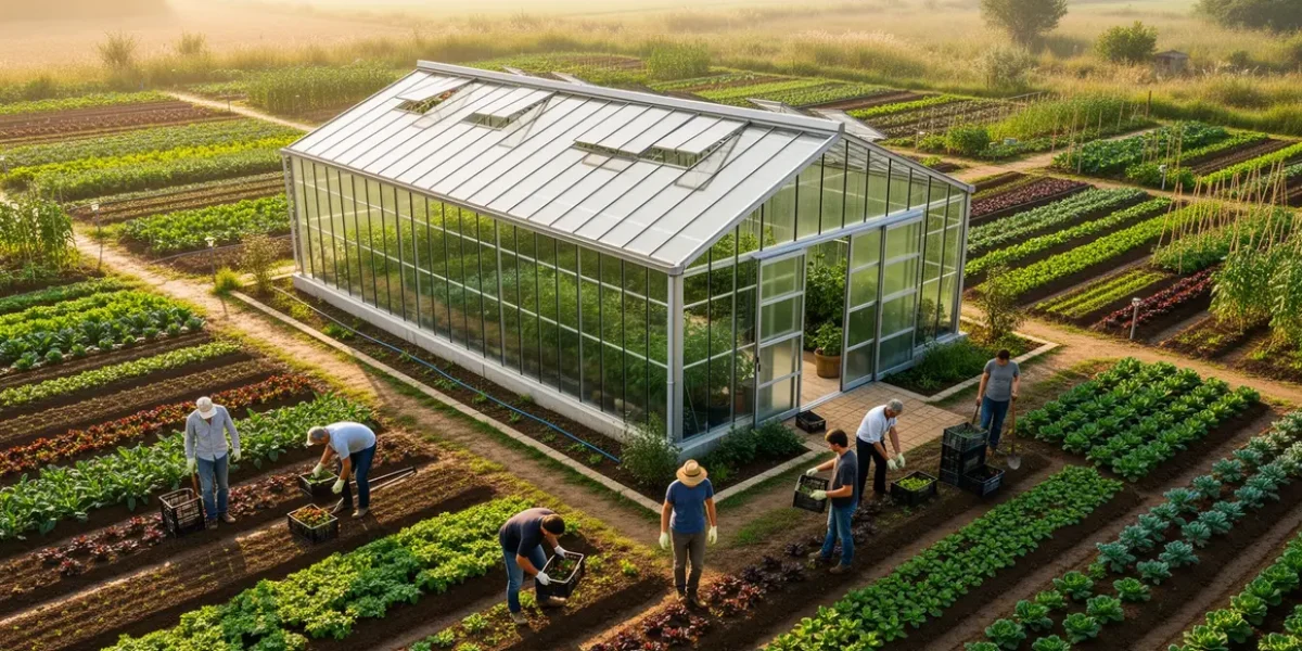 Photo serre maraîchère moderne aérienne avec agriculteurs