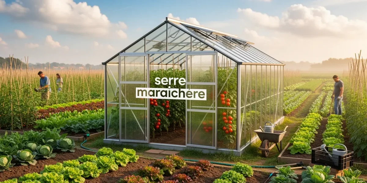 serre maraichere transparente avec legumes en plein champ