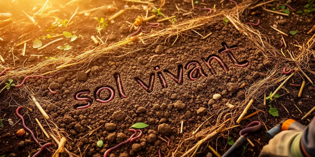 Sol vivant grumeleux vu du dessus avec vers de terre et racines