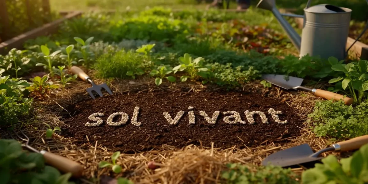 Parcelle avec sol vivant grumeleux paillé et plantes diverses