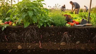Coupe de sol vivant fertile avec racines, vers, micro-organismes, potager
