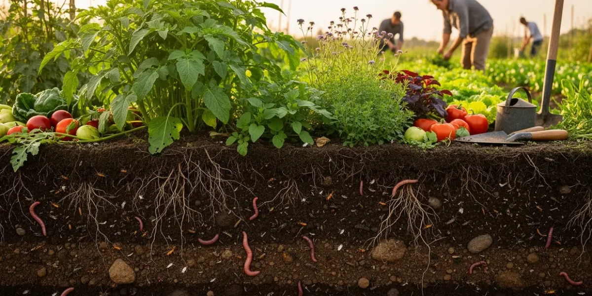 Coupe de sol vivant fertile avec racines, vers, micro-organismes, potager