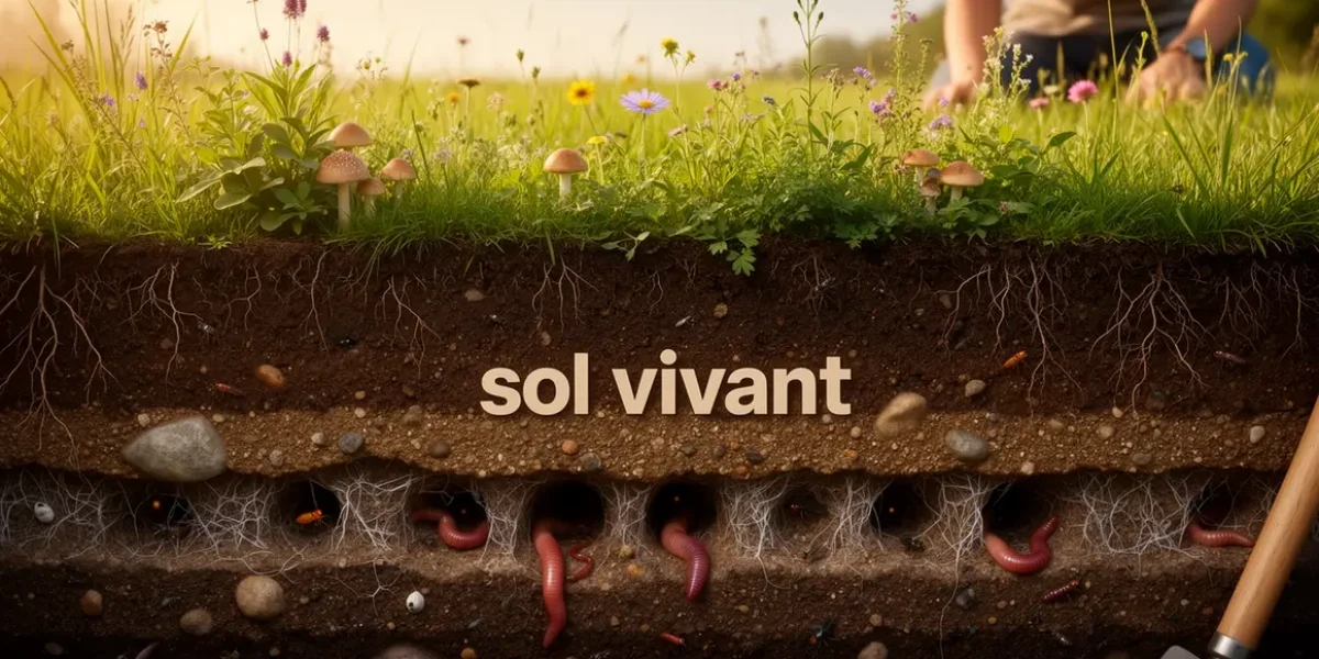 Sol vivant fertile coupe avec racines et micro-organismes