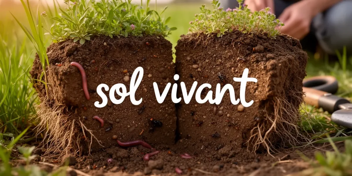 motte de sol vivant ouverte avec vers, insectes, racines, microagregats et vegetation
