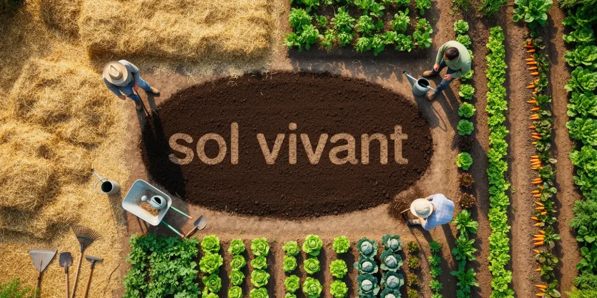 sol vivant parcelle vue dessus foin paillage legumes outils