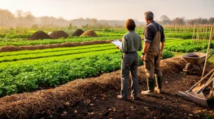 Champ en permaculture bandes enherbees compost paillage sol vivant