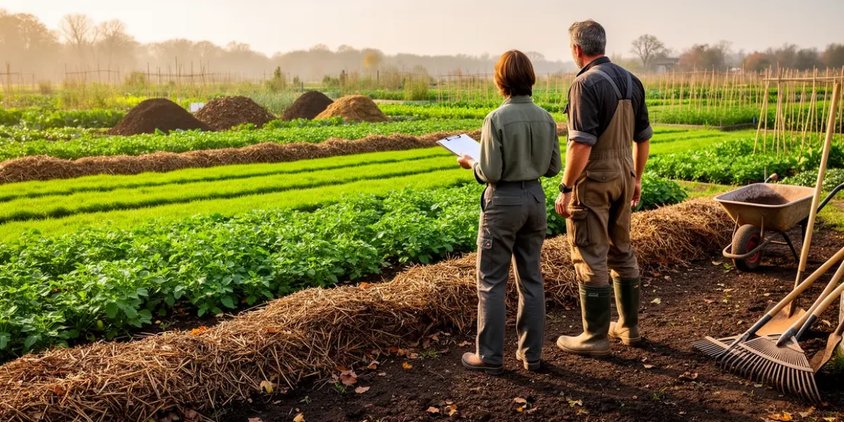 Champ en permaculture bandes enherbees compost paillage sol vivant