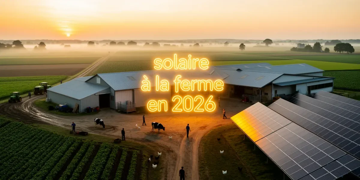 Vue exploitation agricole moderne avec panneaux solaires, solaire a la ferme 2026