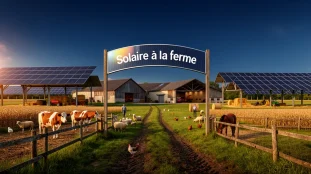 Panorama ferme solaire batiments champs animaux