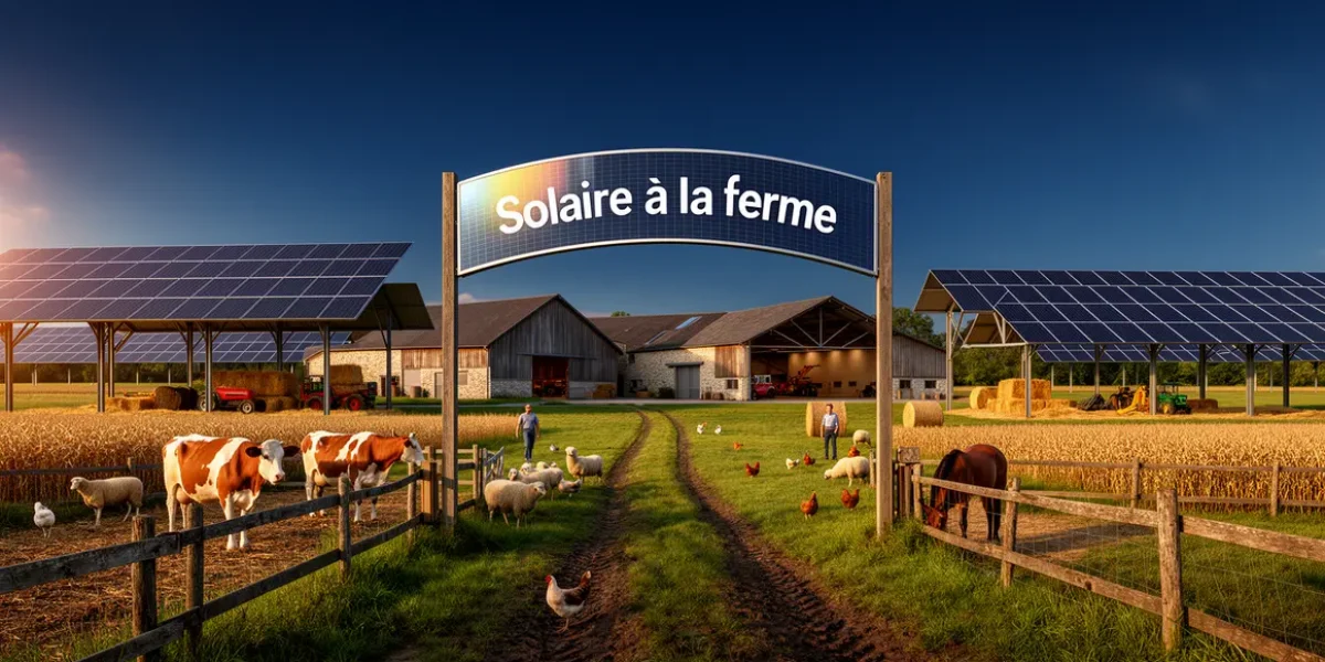 Panorama ferme solaire batiments champs animaux