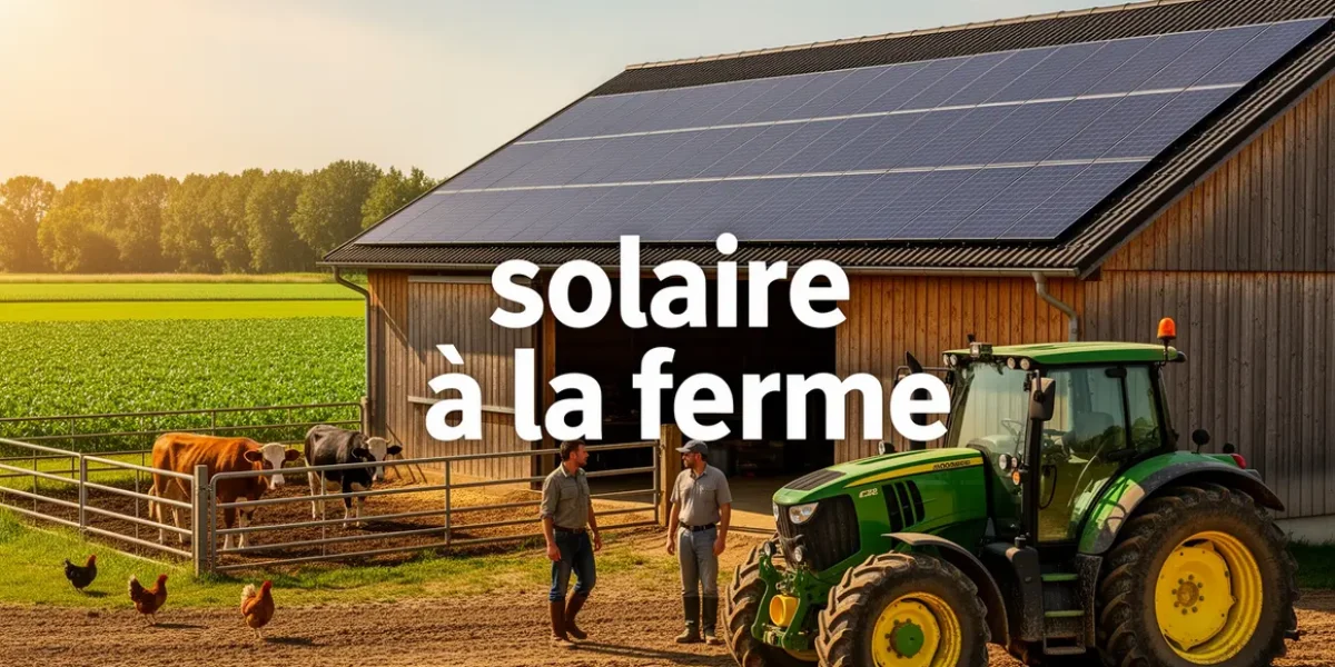 Ferme moderne avec panneaux solaires sur grange et tracteur