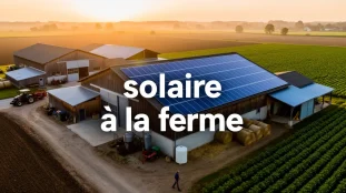 Ferme moderne avec champs et panneaux solaires sur toiture au coucher du soleil