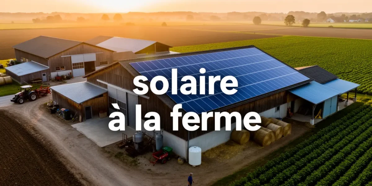Ferme moderne avec champs et panneaux solaires sur toiture au coucher du soleil