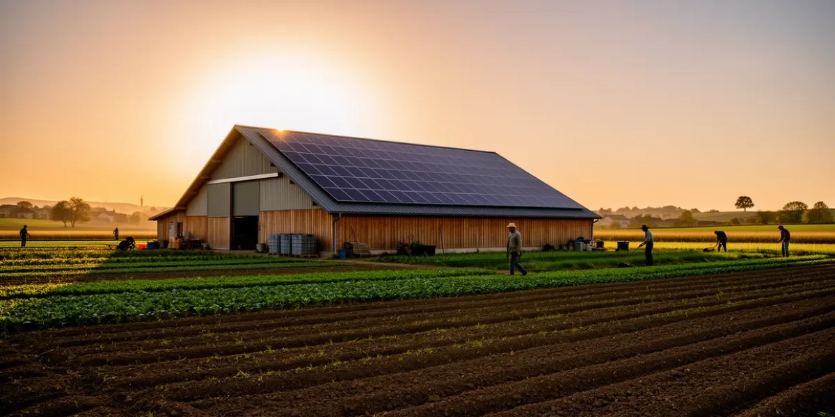 ferme avec panneaux solaires et agriculteurs