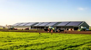 Ferme avec panneaux solaires sur toit champs verts