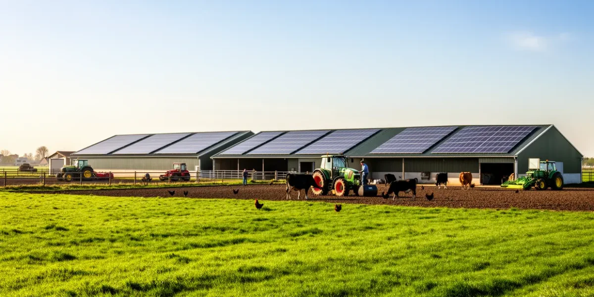 Ferme avec panneaux solaires sur toit champs verts