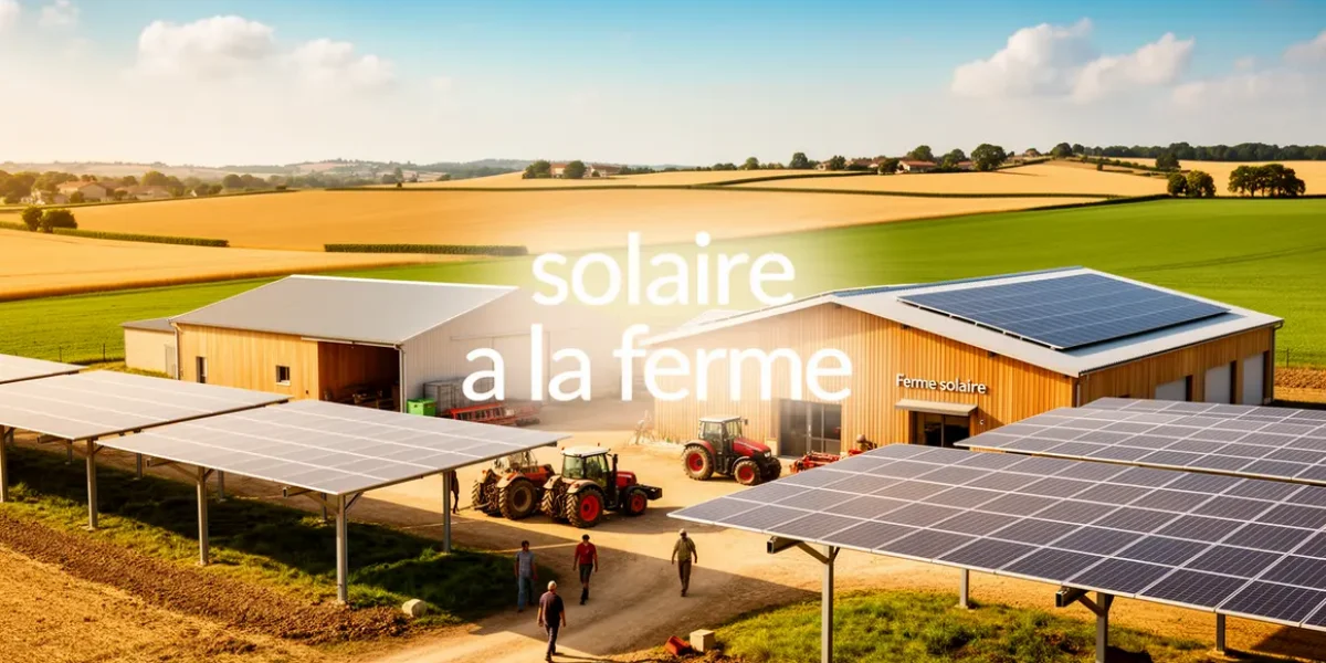 Ferme moderne avec panneaux solaires sur toiture, au sol et ombrières