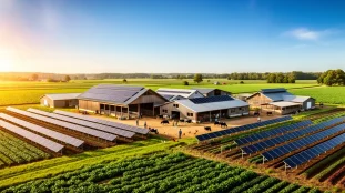 Ferme moderne avec panneaux solaires sur toits et champs