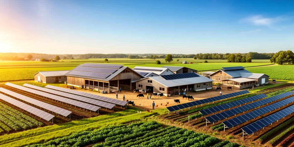 Ferme moderne avec panneaux solaires sur toits et champs