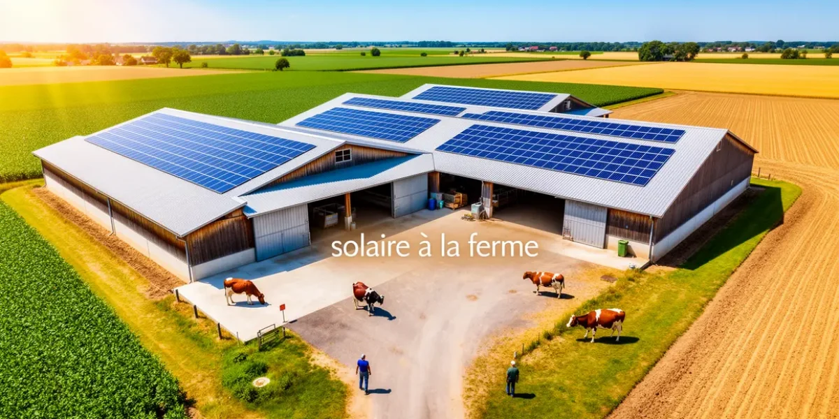 Ferme moderne avec panneaux solaires sur toitures et champs