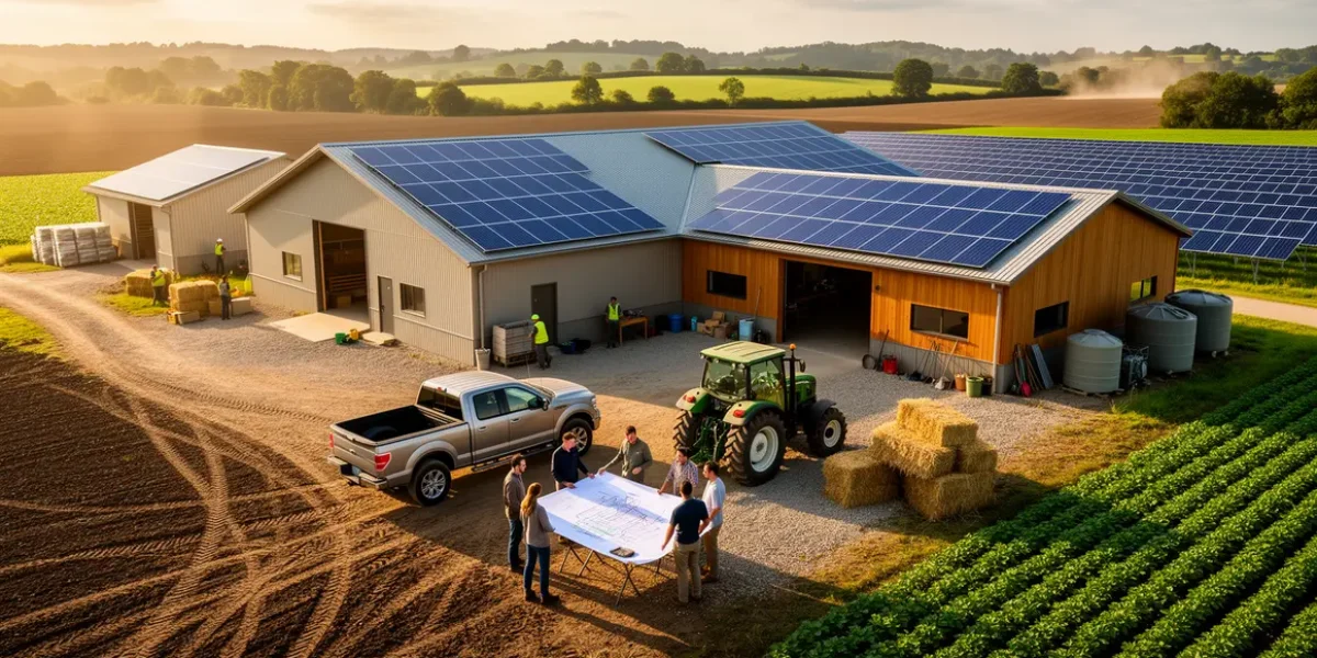 Ferme agricole moderne avec panneaux solaires sur toiture et parc au sol