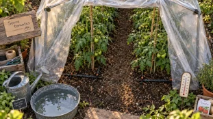 Tomates sous serres : goutte-à-goutte, thermomètre et plants de tomates verts.