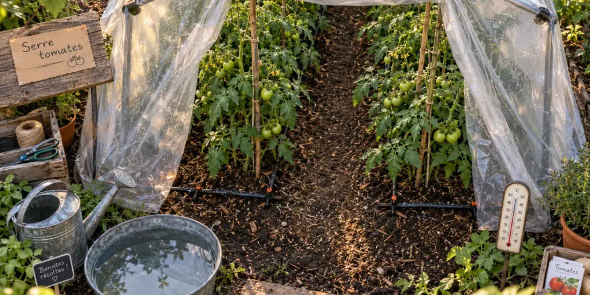 Tomates sous serres : goutte-à-goutte, thermomètre et plants de tomates verts.