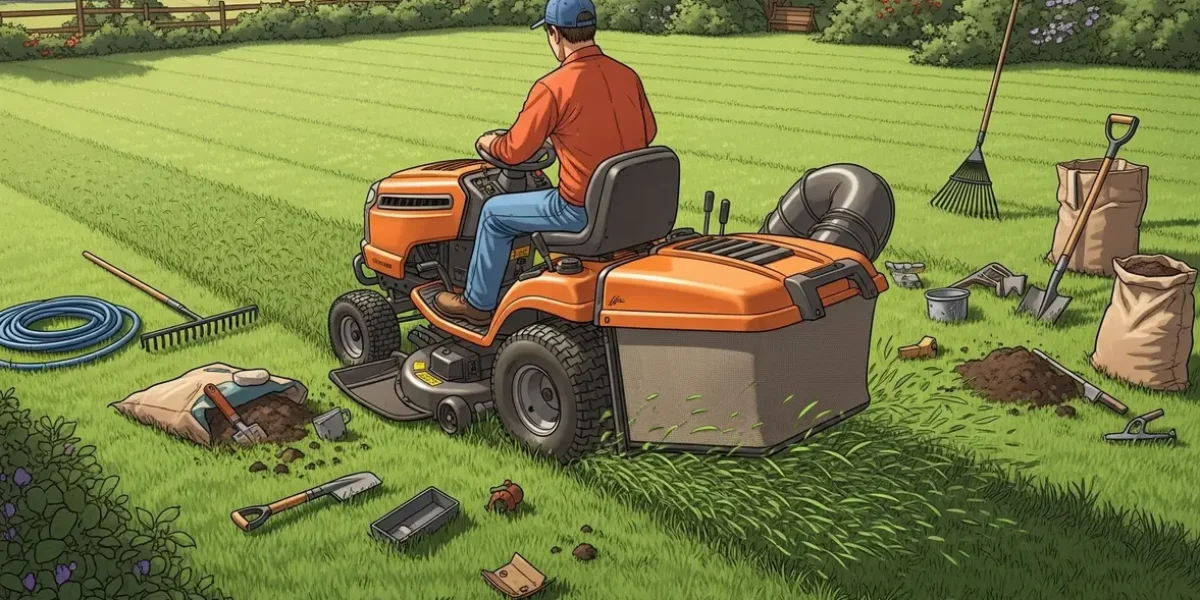 Tracteur tondeuse ramasse herbe bricolé en jardin