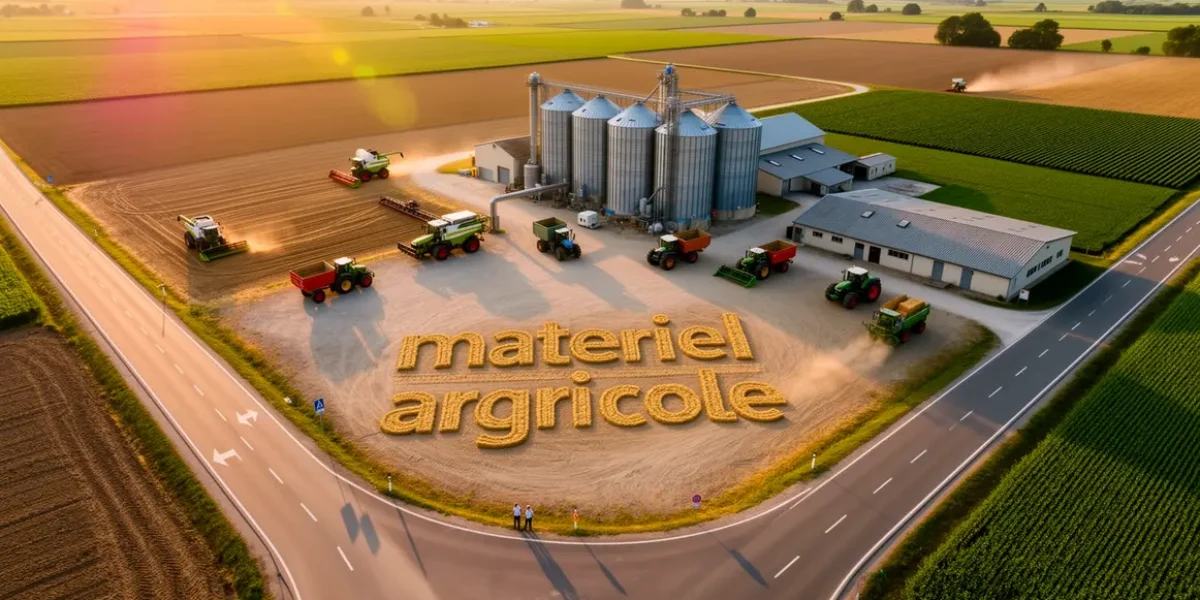 Vue aérienne de machines et matériel agricole moderne sur exploitation