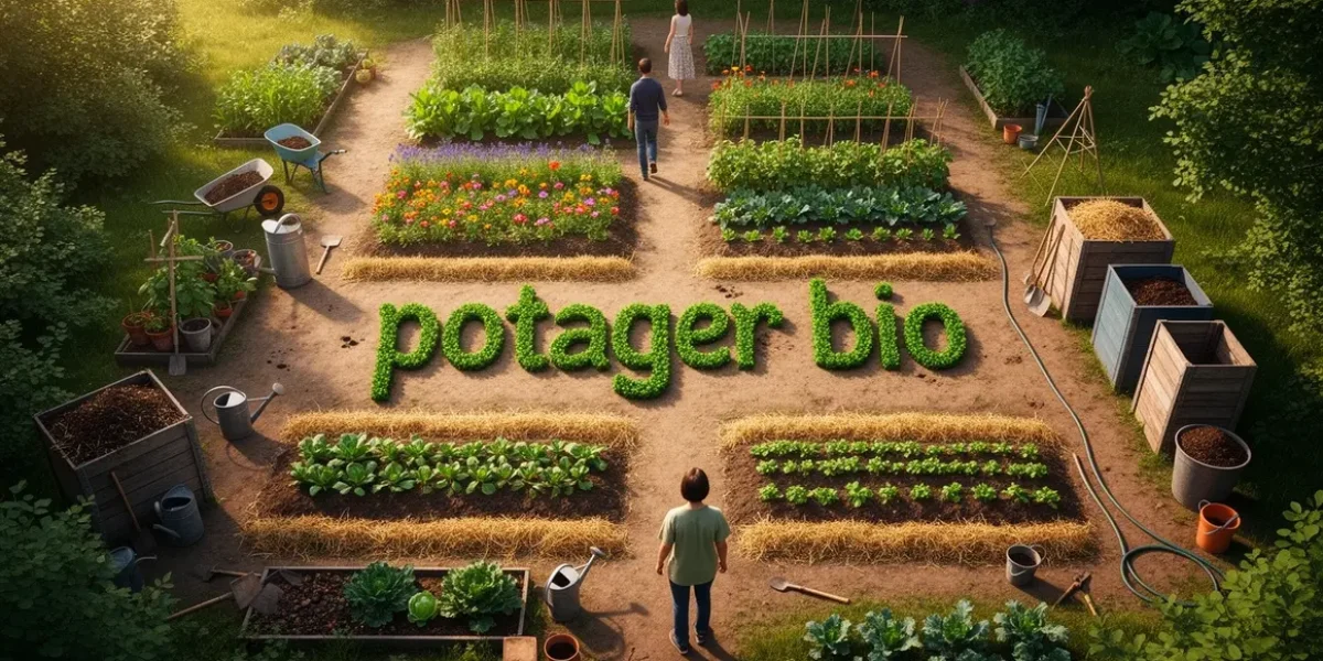 potager bio photo réaliste avec légumes, compost, fleurs, arrosoirs, en pleine nature