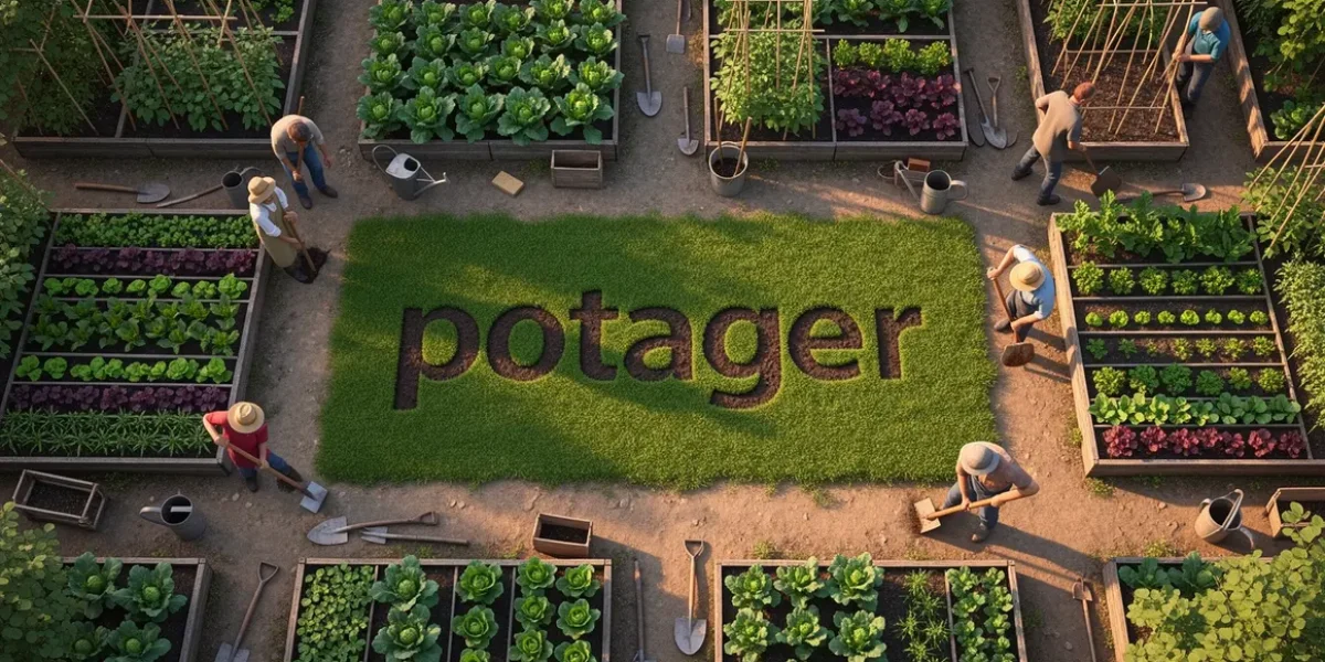 Vue aérienne potager diversifié avec outils et jardiniers stylisés