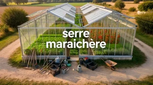 serre maraîchère moderne photoréaliste en environnement rural