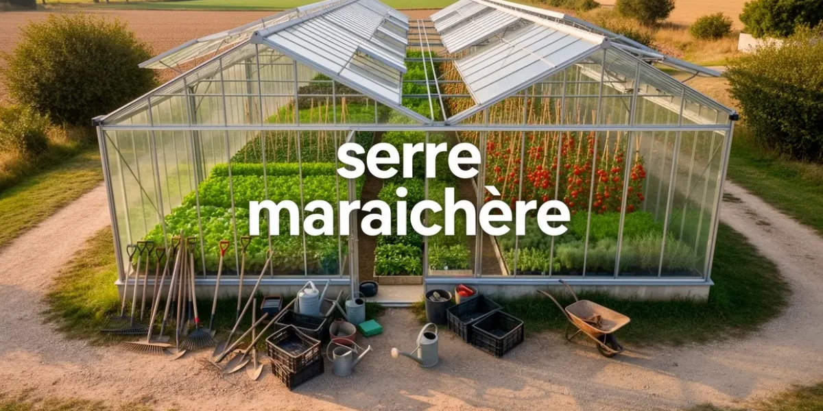 serre maraîchère moderne photoréaliste en environnement rural