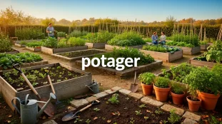 Image potager complet pleine terre bacs carres pots outils ciel