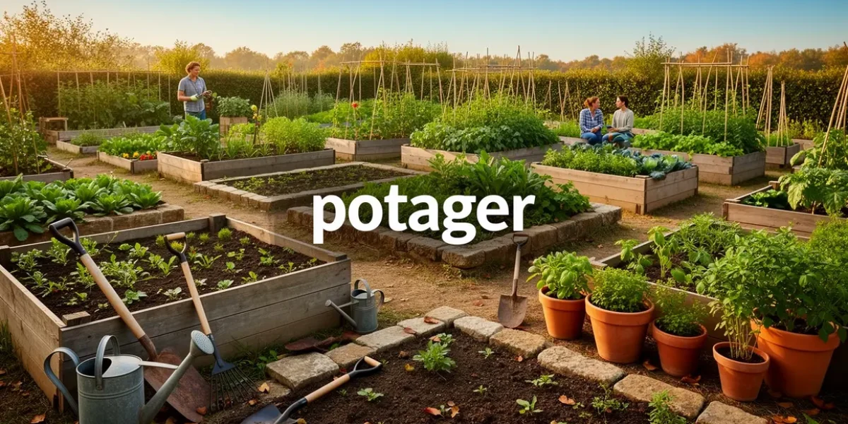 Image potager complet pleine terre bacs carres pots outils ciel