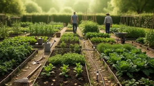 Vue réaliste d’un potager bio avec blocs de cultures et système d’arrosage