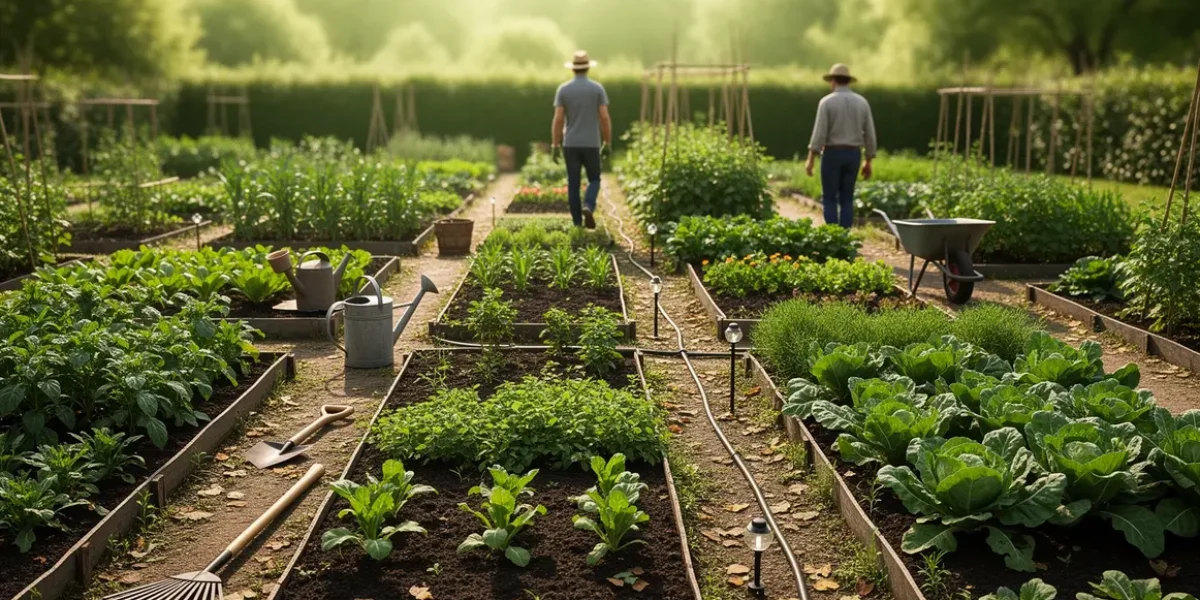 Vue réaliste d’un potager bio avec blocs de cultures et système d’arrosage