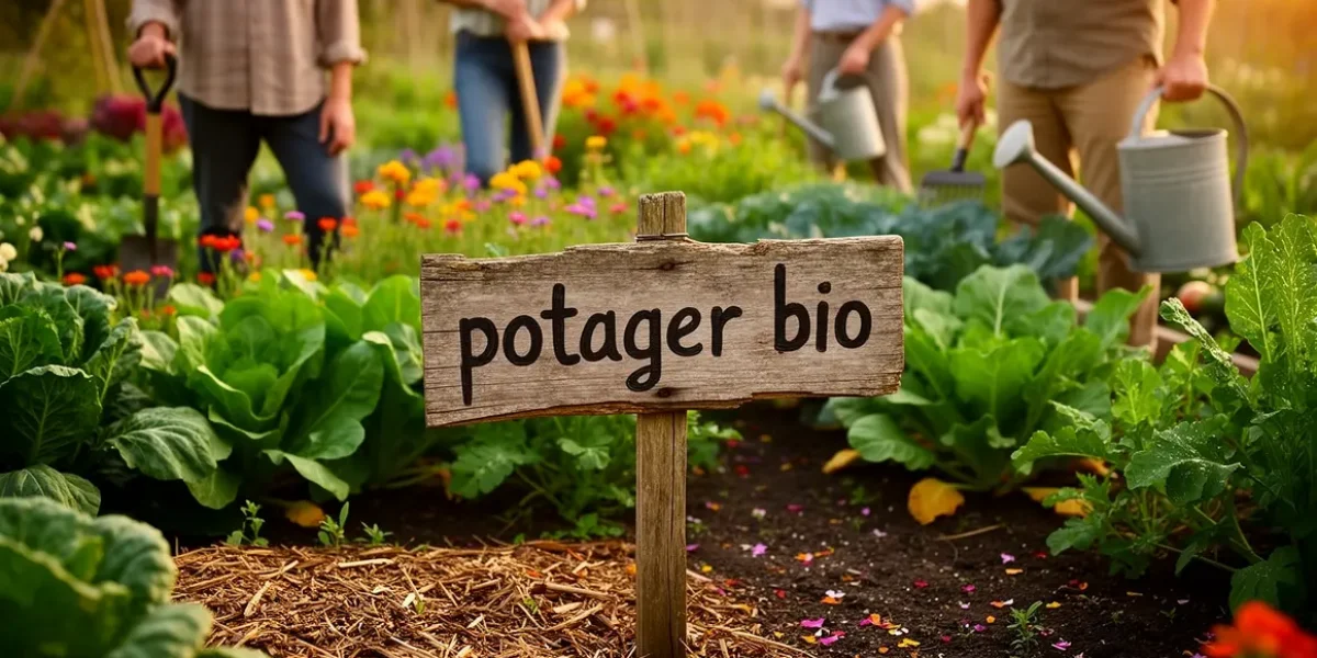 Potager bio divers légumes et fleurs, pancarte centre